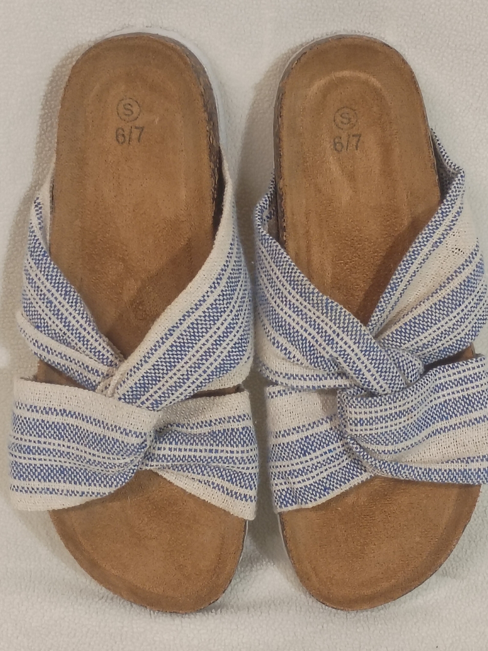 Beachy Striped X Cross Fabric Slide Sandals in Blue & Cream Size S (6/7) EUC